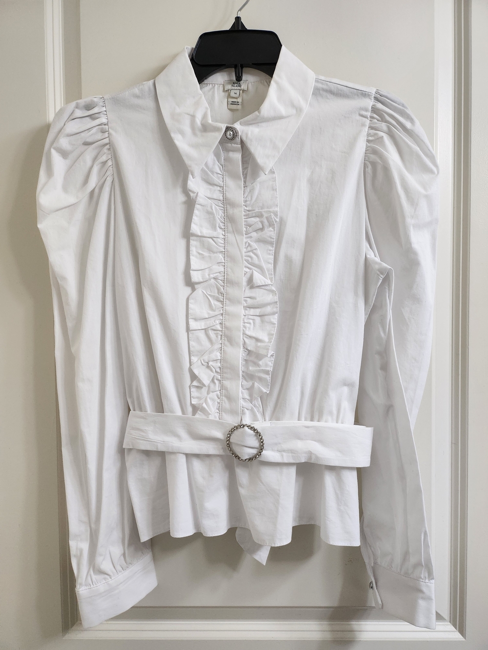 River Island White Ruffle Front Belted Button-Down Blouse